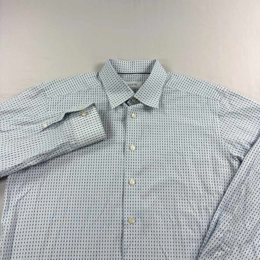 Eton Shirt Mens Size 42 16.5 Blue Button Up Contemporary Tennis Graphic